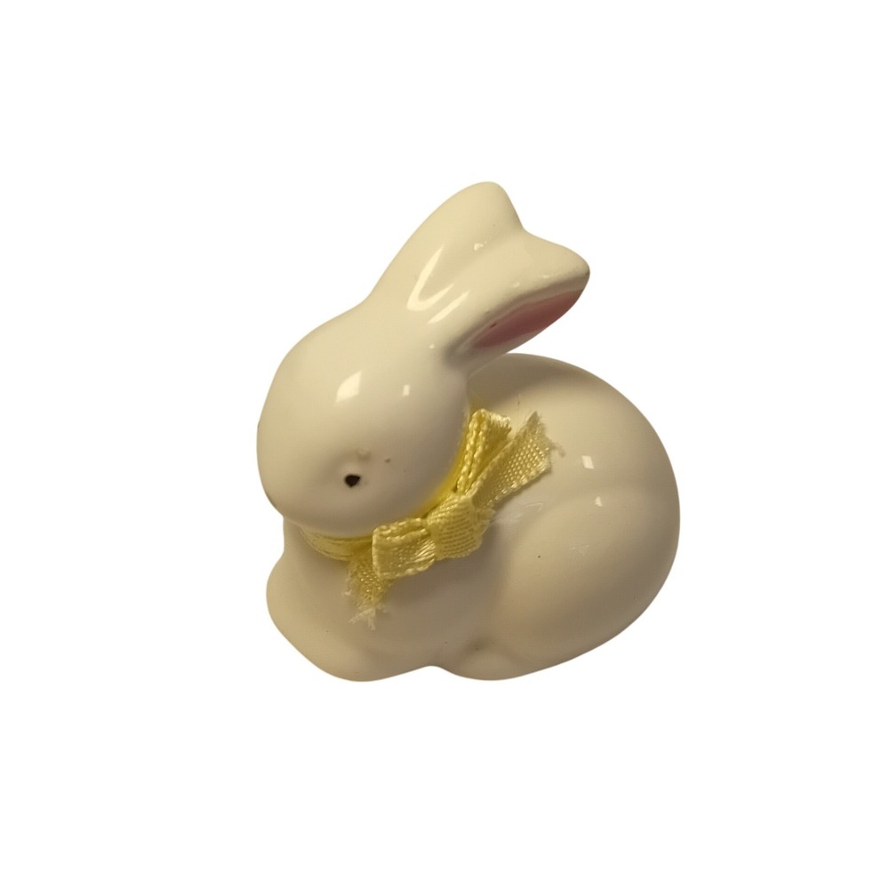 Vintage Ceramic Bunny Figurine Easter Spring Decor Bow Knick Knack Retro Trinket